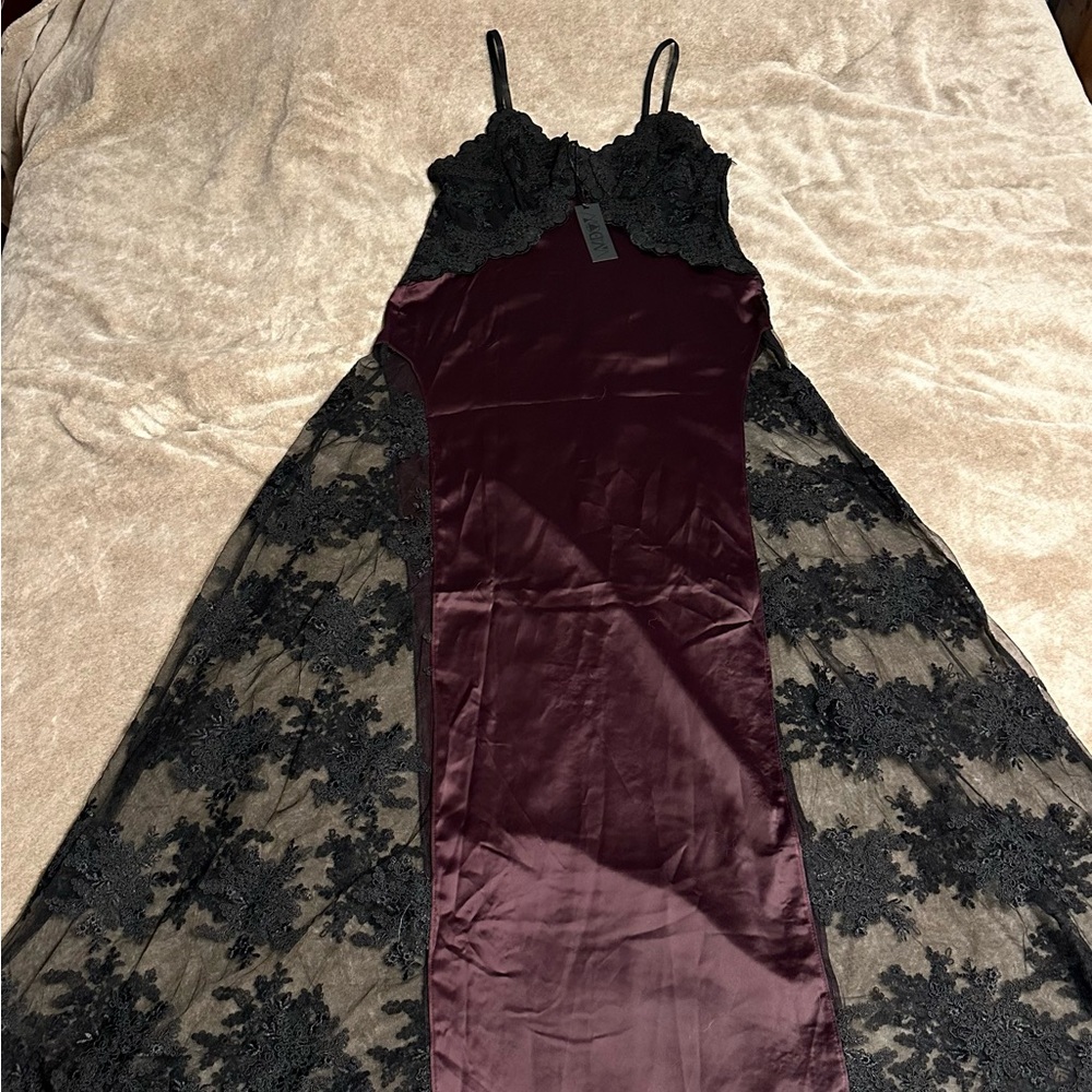 Sexy Widow Black and Burgundy Lace Gown